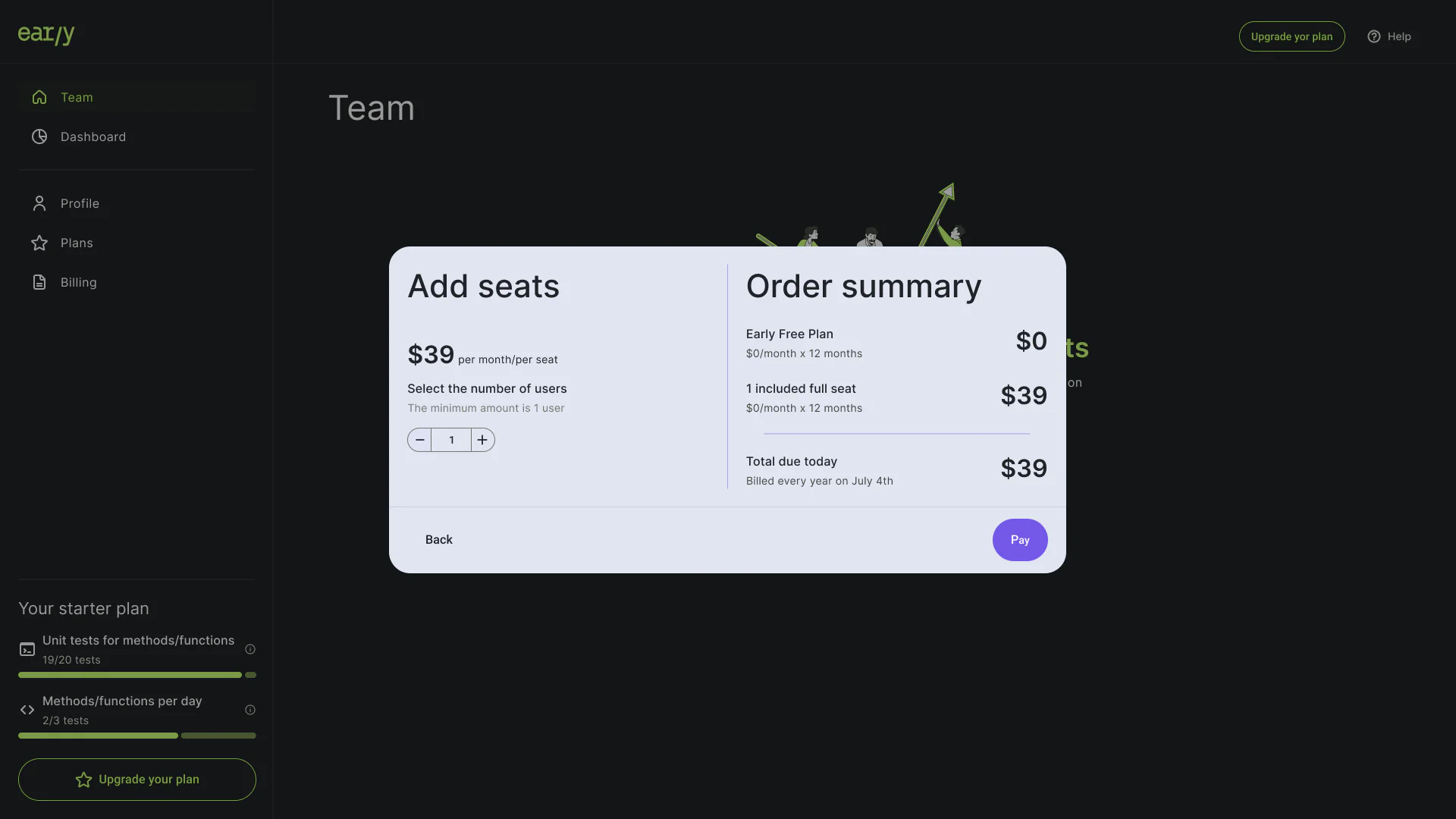 Add seats and order summary modal