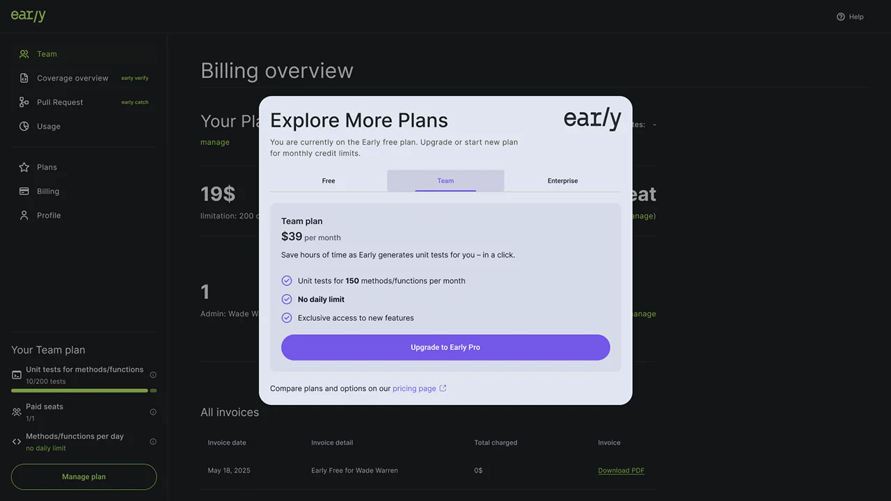 Plan selection modal over the billing overview