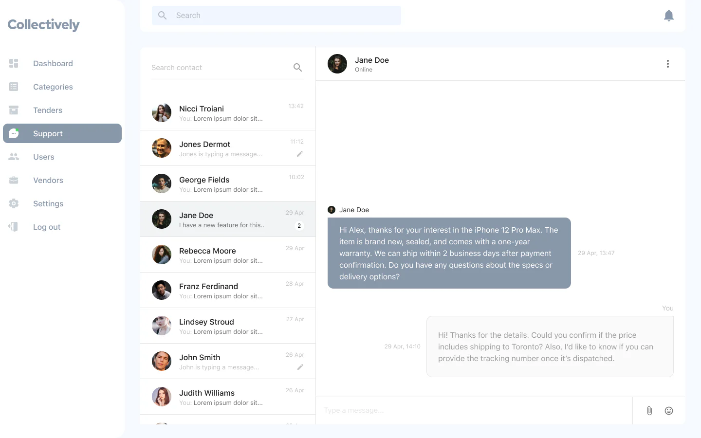 Support console handling buyer and vendor conversations